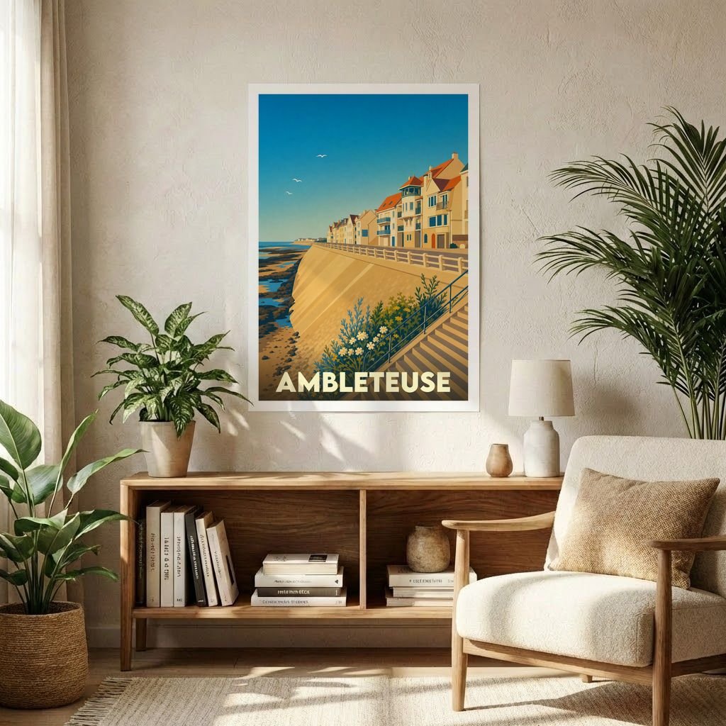 Affiche souvenir de la ville d'Ambleteuse présentant une illustration stylisée de son front de mer et de ses maisons colorées.