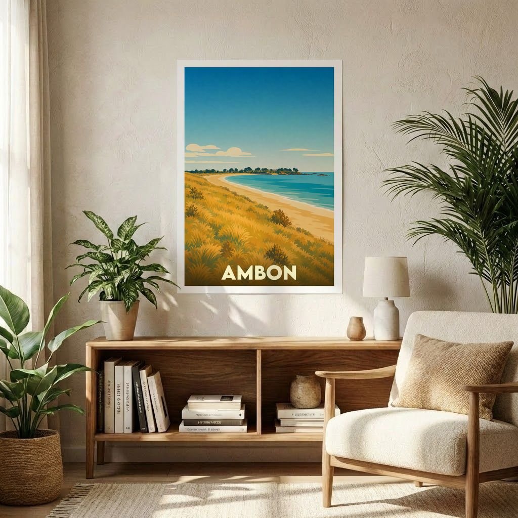 Affiche souvenir de la ville d'Ambon présentant une illustration stylisée d'une plage bordée de dunes.
