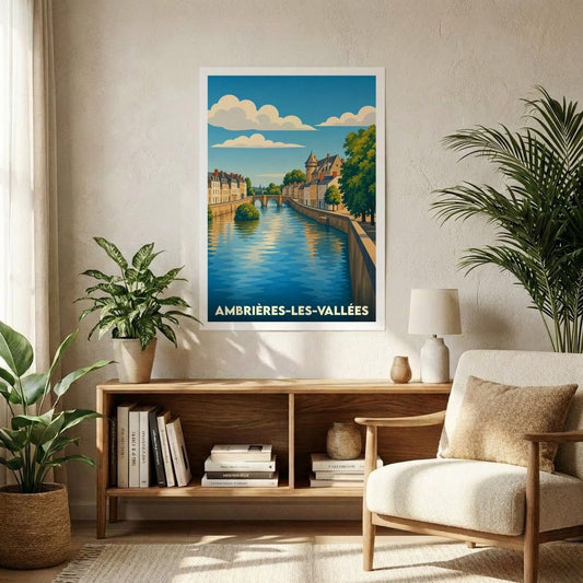Affiche souvenir de la ville d'Ambrières-les-Vallées avec une illustration stylisée d'un canal bordé de maisons.