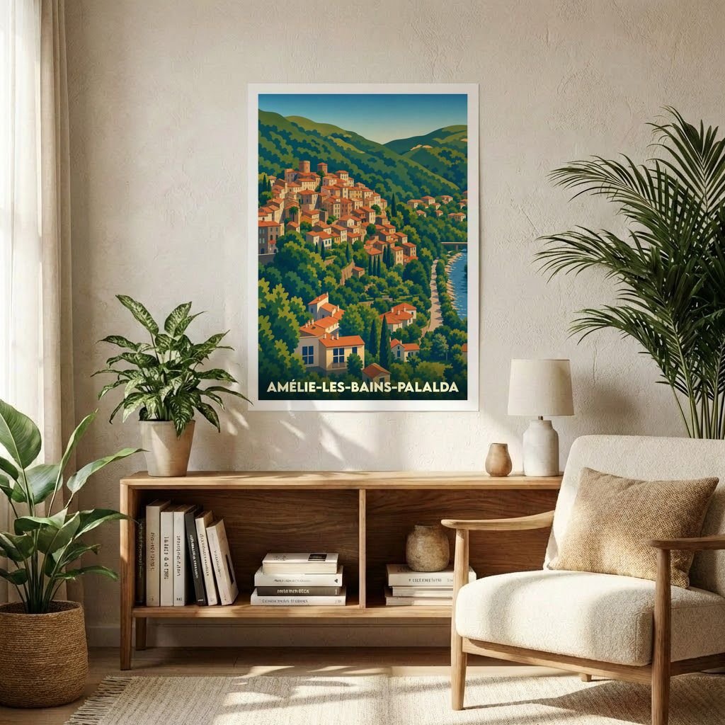 Affiche souvenir de la ville de Amélie-les-Bains-Palalda avec une illustration stylisée.