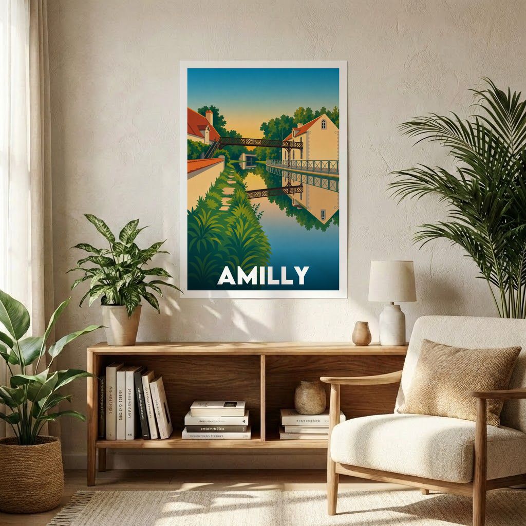 Affiche souvenir de la ville d'Amilly avec une illustration stylisée de son canal et de son architecture.
