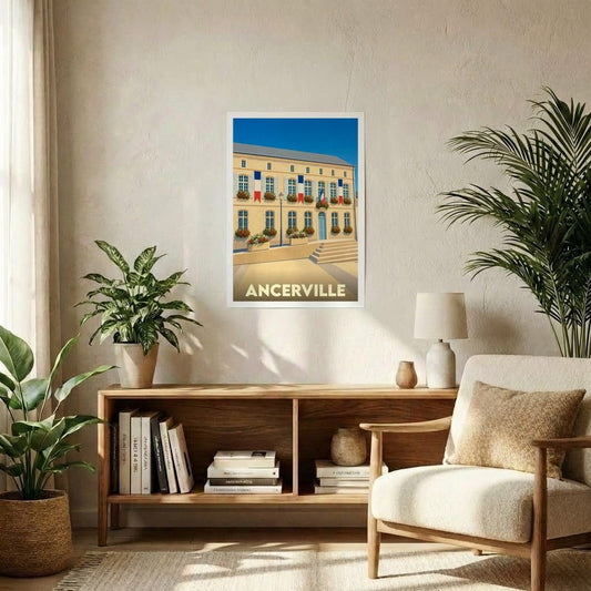 Affiche souvenir de la ville d'Ancerville avec une illustration stylisée d'un bâtiment aux couleurs de la France.