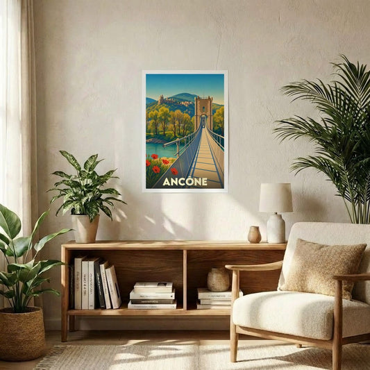 Affiche souvenir de la ville d'Ancône avec une illustration stylisée d'un pont suspendu.