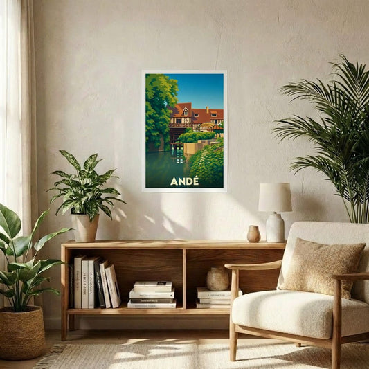 Affiche souvenir de la ville d'Andé avec une illustration stylisée d'un moulin au bord de l'eau.