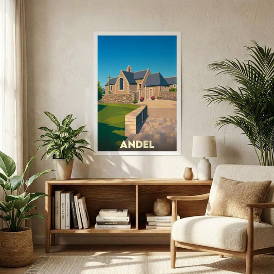 Affiche souvenir de la ville d'Andel avec une illustration stylisée.
