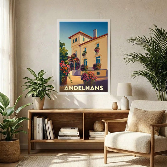 Affiche souvenir de la ville d'Andelnans avec une illustration stylisée d'un bâtiment fleuri.
