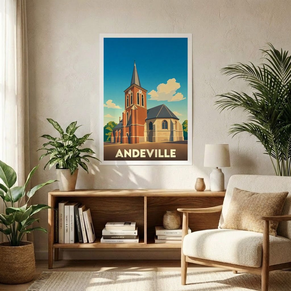 Affiche souvenir de la ville d'Andeville illustrant son église dans un style graphique et épuré.