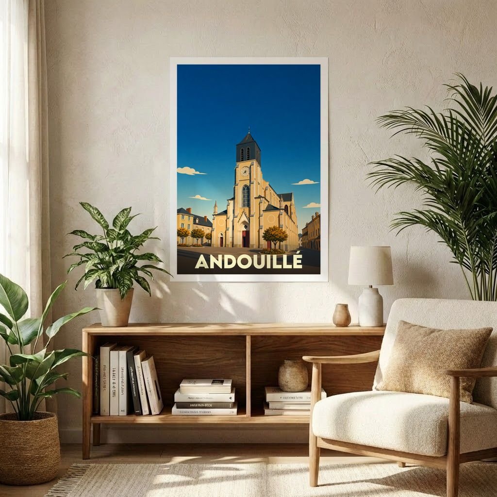 Affiche souvenir de la ville d'Andouillé avec une illustration stylisée de son église sous un ciel bleu.