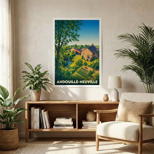 Affiche souvenir de la ville d'Andouillé-Neuville avec une illustration stylisée de sa campagne verdoyante.