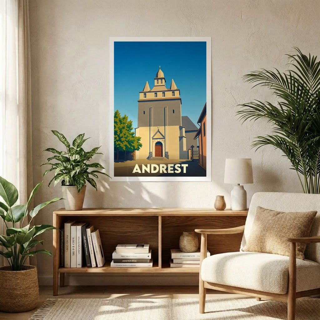 Affiche souvenir de la ville d'Andrest avec une illustration stylisée de son église fortifiée.