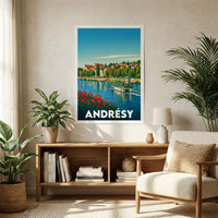 Affiche souvenir de la ville d'Andrésy avec une illustration stylisée représentant un bateau sur la Seine.