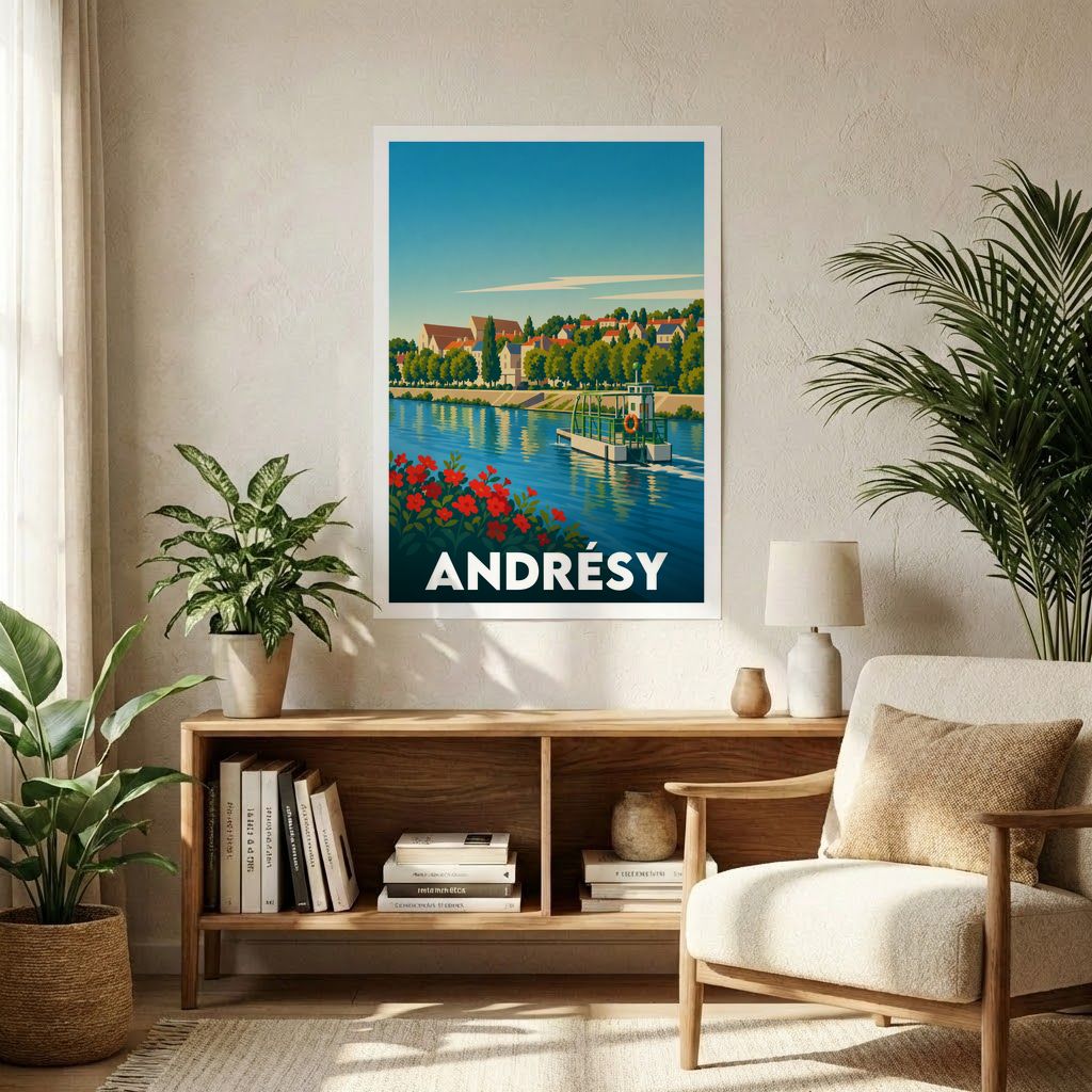 Affiche souvenir de la ville d'Andrésy avec une illustration stylisée représentant un bateau sur la Seine.