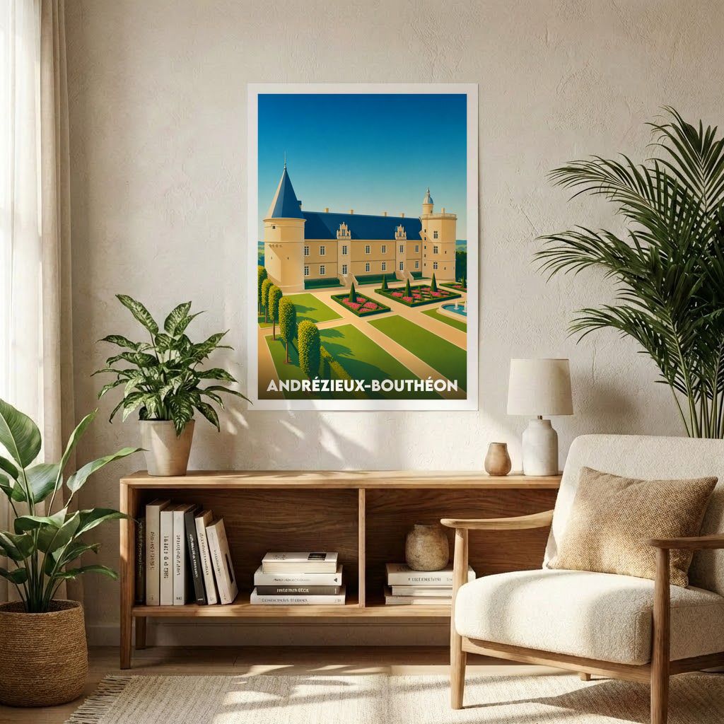 Affiche souvenir de la ville d'Andrézieux-Bouthéon illustrant son château et ses jardins dans un style graphique épuré.
