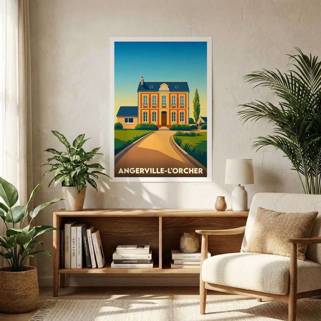 Affiche souvenir de la ville d'Angerville-l'Orcher illustrant une élégante demeure normande dans un style graphique épuré.