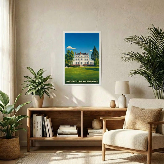 Affiche souvenir de la ville de Angerville-la-Campagne avec une illustration stylisée d'un domaine entouré de verdure.
