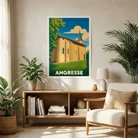 Affiche souvenir de la ville d'Angresse avec une illustration stylisée de son église sous un ciel azur.