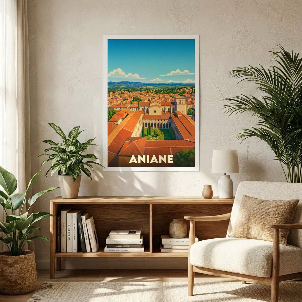 Affiche souvenir de la ville d'Aniane avec une illustration stylisée et colorée de ses toits typiques.