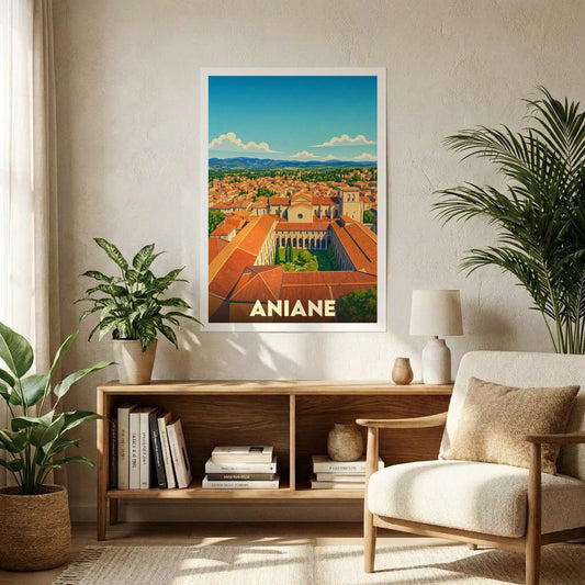 Affiche souvenir de la ville d'Aniane avec une illustration stylisée et colorée de ses toits typiques.
