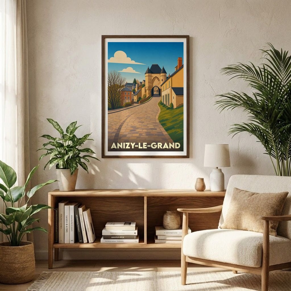 Affiche souvenir de la ville d'Anizy-le-Grand présentant une illustration stylisée de ses rues et de son patrimoine historique.