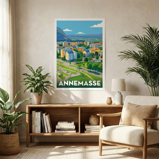 Affiche souvenir de la ville de Annemasse avec une illustration stylisée de son paysage urbain et montagneux.