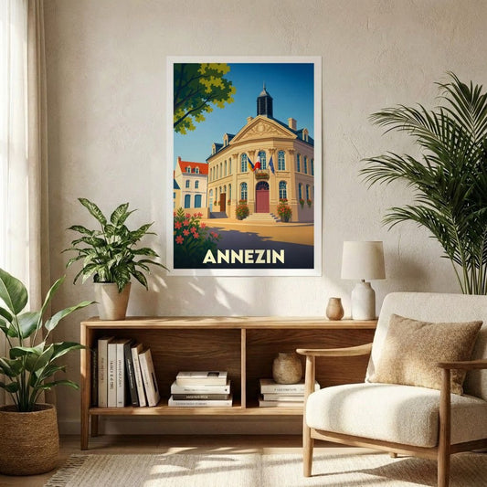 Affiche souvenir de la ville d'Annezin présentant une illustration stylisée de son hôtel de ville.