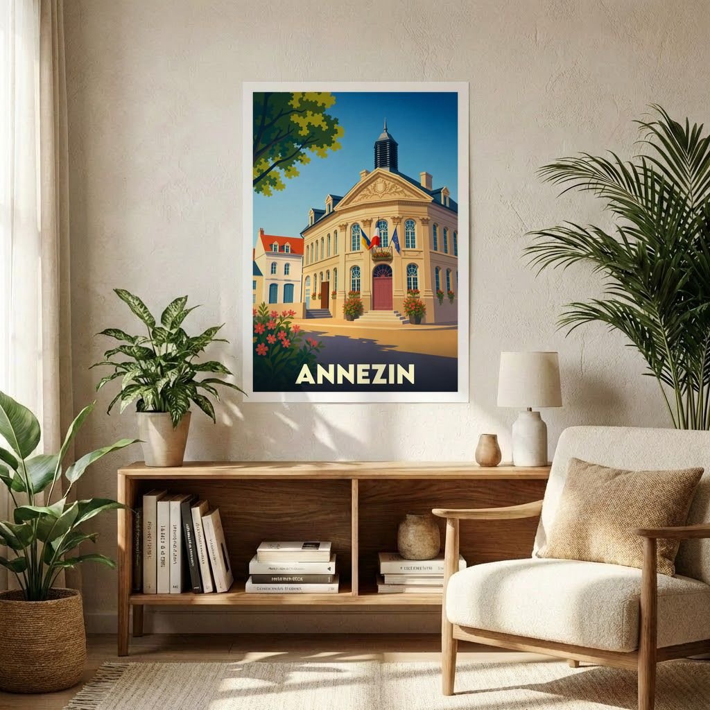 Affiche souvenir de la ville de Annezin avec une illustration stylisée de son hôtel de ville.