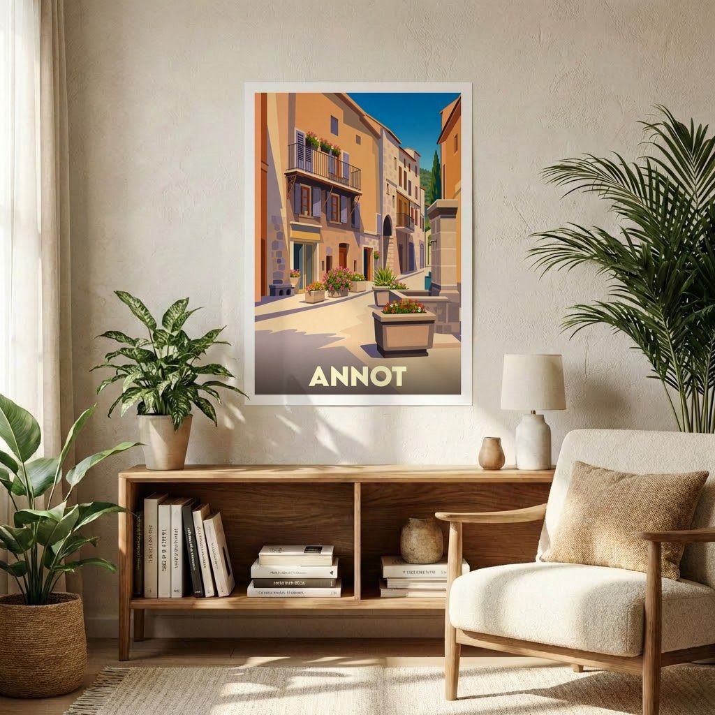 Affiche souvenir de la ville de Annot avec une illustration stylisée d'une ruelle ensoleillée.