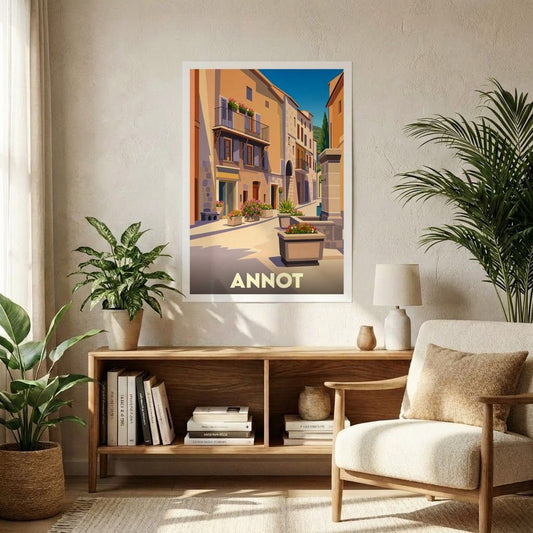 Affiche souvenir de la ville de Annot avec une illustration stylisée d'une ruelle ensoleillée.