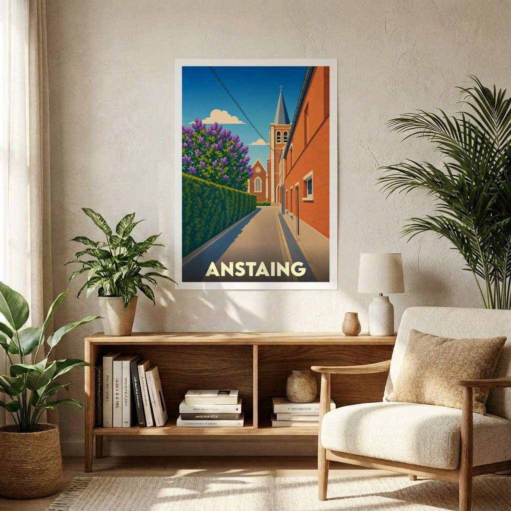 Affiche souvenir de la ville d'Anstaing avec une illustration stylisée d'une rue menant à l'église.
