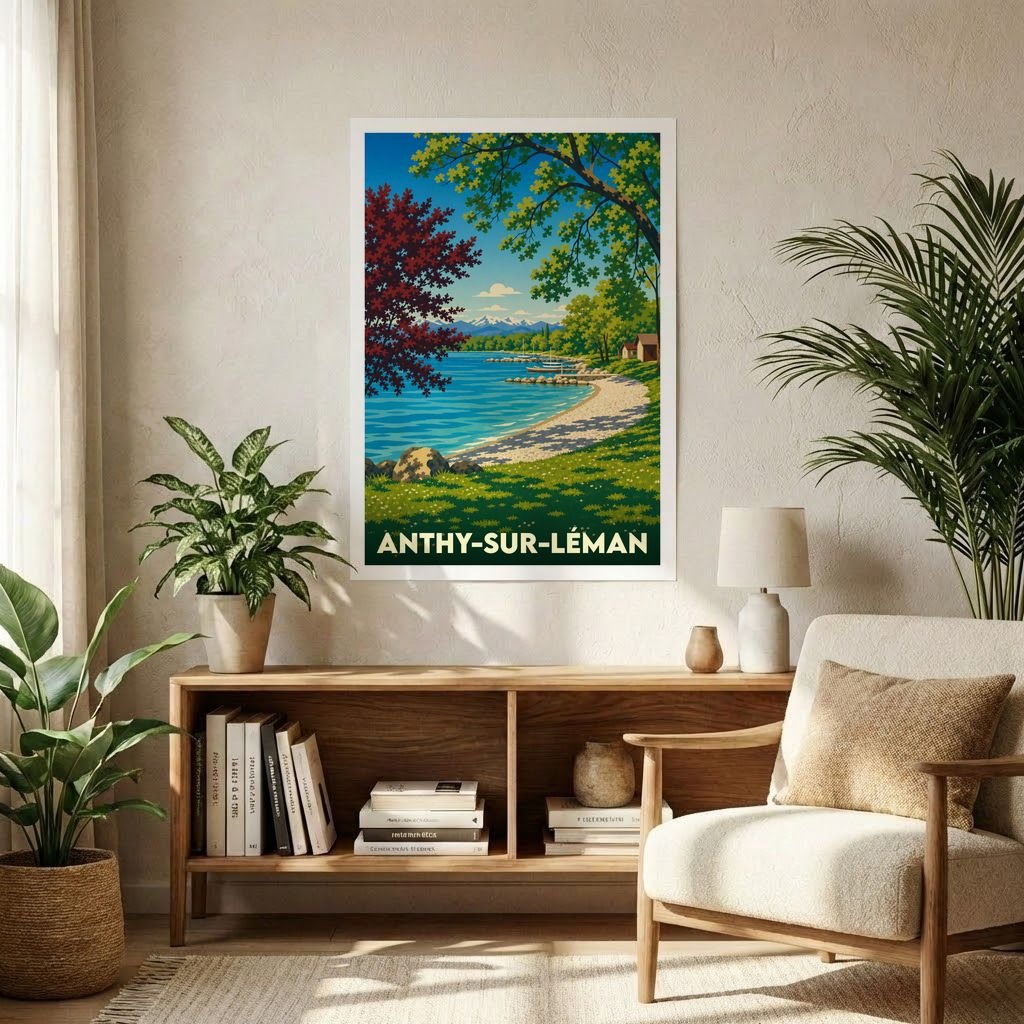 Affiche souvenir de la ville d'Anthy-sur-Léman avec une illustration stylisée des bords du lac Léman.