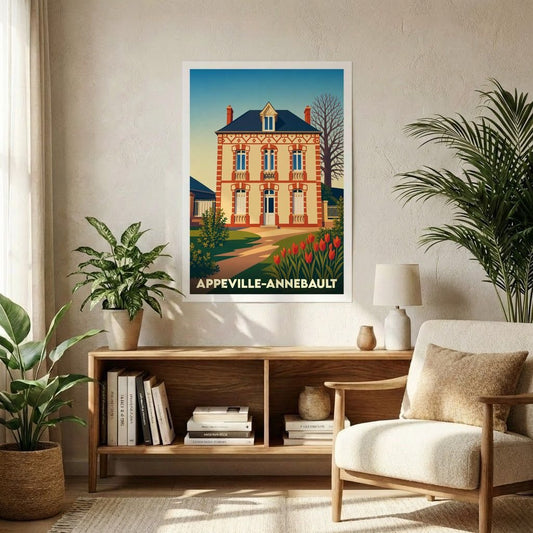 Affiche souvenir de la ville d'Appeville-Annebault avec une illustration stylisée d'une maison de maître normande.