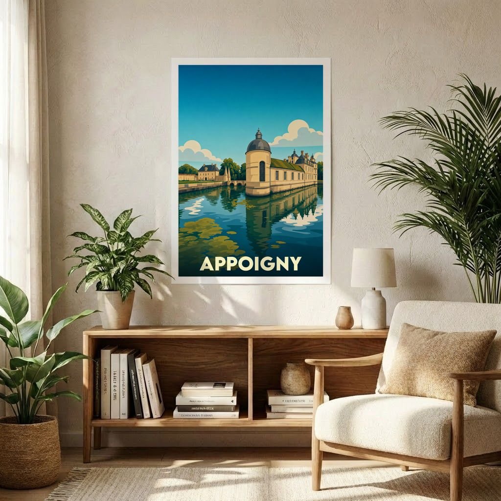 Affiche souvenir de la ville d'Appoigny avec une illustration stylisée d'un château se reflétant sur l'eau.