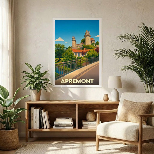 Affiche souvenir de la ville d'Apremont avec une illustration stylisée du château et d'un pont.
