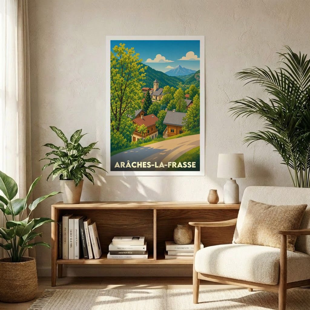 Affiche souvenir de la ville de Arâches-la-Frasse avec une illustration stylisée de style vintage représentant un paysage de montagne.
