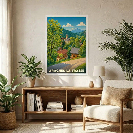 Affiche souvenir de la ville de Arâches-la-Frasse avec une illustration stylisée de style vintage représentant un paysage de montagne.