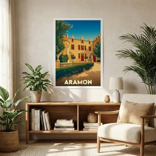 Affiche souvenir de la ville d'Aramon avec une illustration stylisée représentant son patrimoine architectural sous un ciel azur.