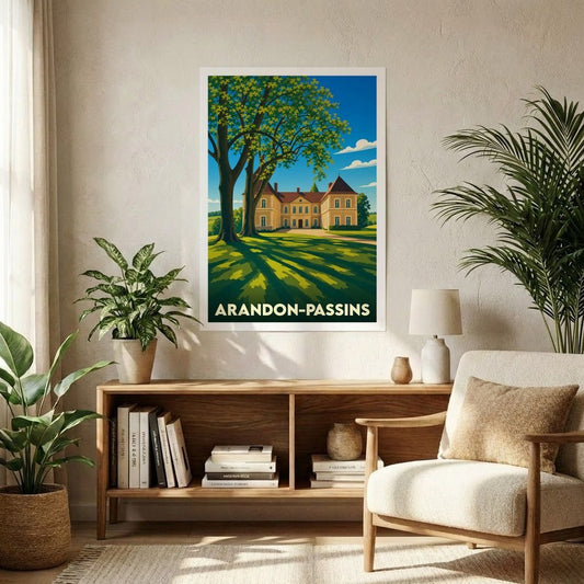 Affiche souvenir de la ville de Arandon-Passins avec une illustration stylisée d'un château.