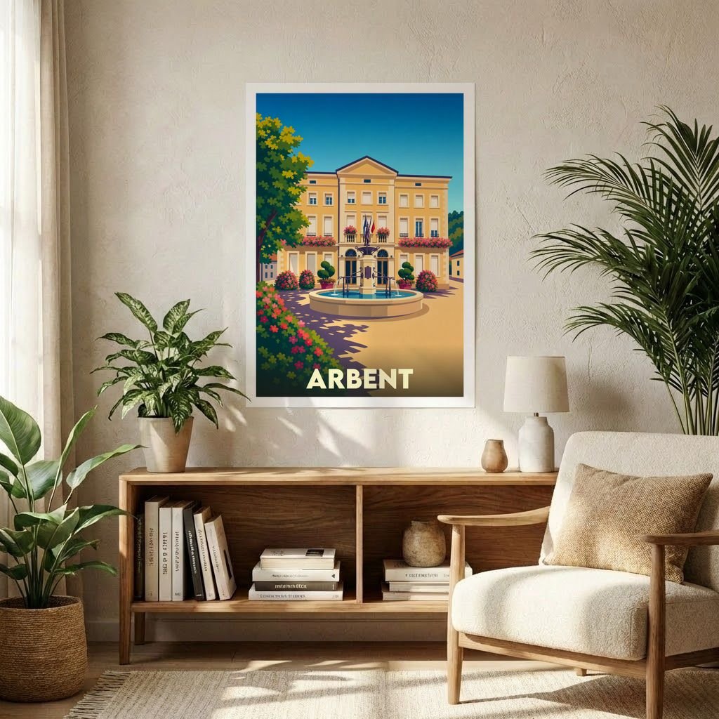 Affiche souvenir de la ville de Arbent avec une illustration stylisée de son hôtel de ville et d'une fontaine.