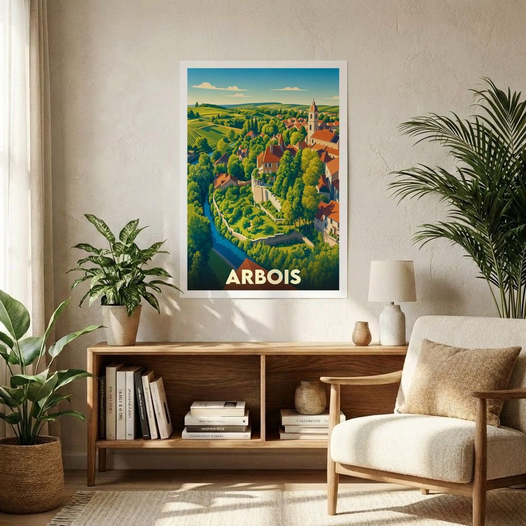 Affiche souvenir de la ville d'Arbois avec une illustration stylisée et colorée de ses paysages.