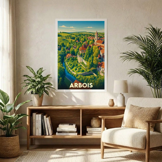 Affiche souvenir de la ville d'Arbois avec une illustration stylisée et colorée de ses paysages.