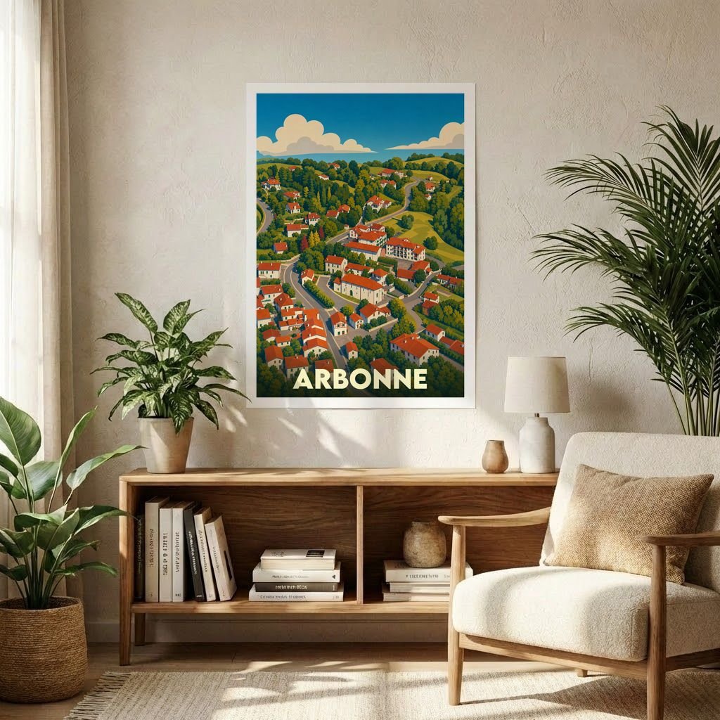 Affiche souvenir de la ville d'Arbonne avec une illustration stylisée et colorée de ses paysages vallonnés.