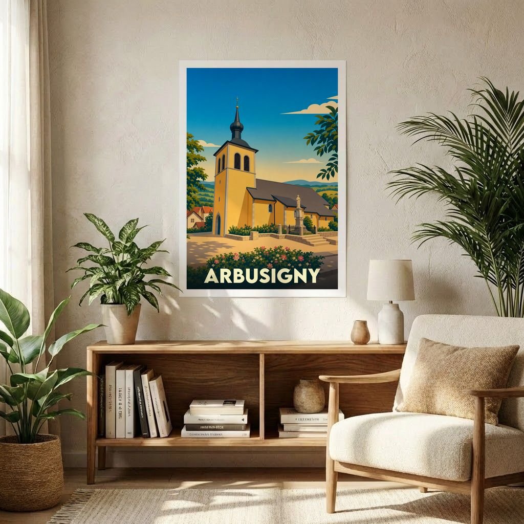 Affiche souvenir de la ville d'Arbusigny présentant une illustration stylisée de son église sous un ciel azur.