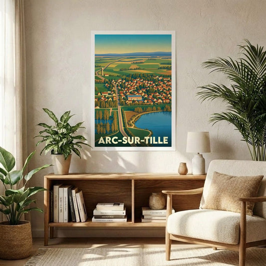 Affiche souvenir de la ville d'Arc-sur-Tille avec une illustration stylisée vue du ciel.