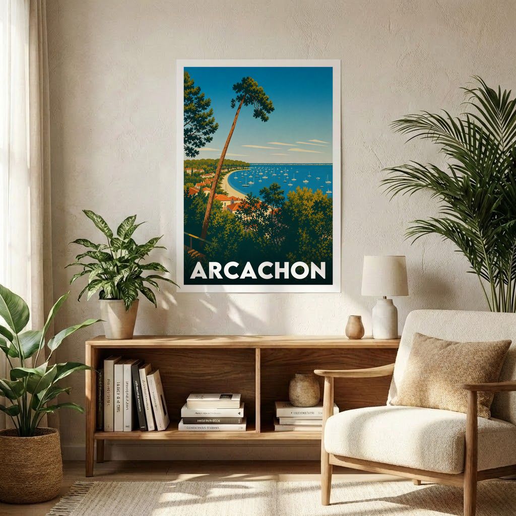 Affiche souvenir de la ville d'Arcachon avec une illustration stylisée d'un paysage côtier.