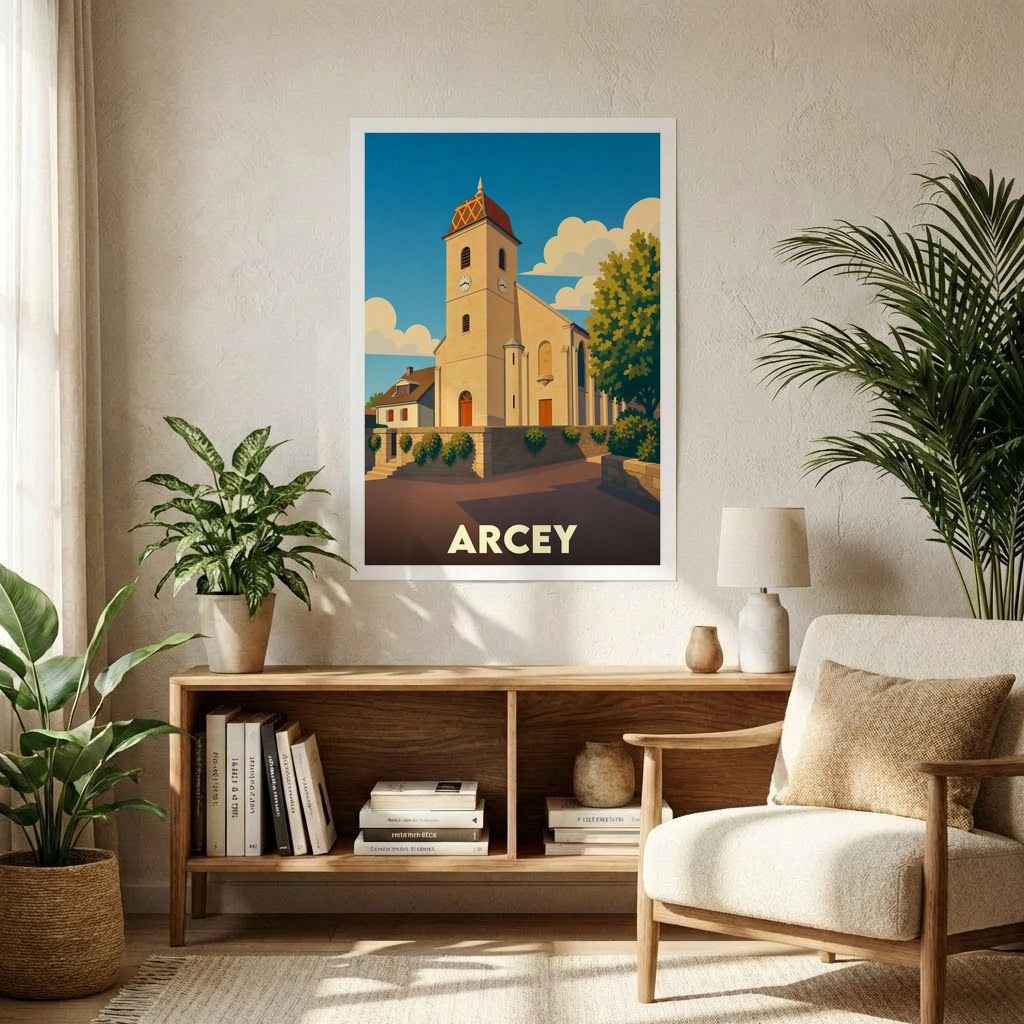 Affiche souvenir de la ville de Arcey représentant son église dans un style graphique rétro.