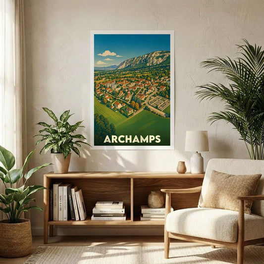 Affiche souvenir de la ville de Archamps présentant une illustration panoramique de style vintage.