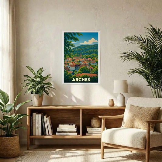 Affiche souvenir de la ville de Arches avec une illustration stylisée de ses paysages et toitures.