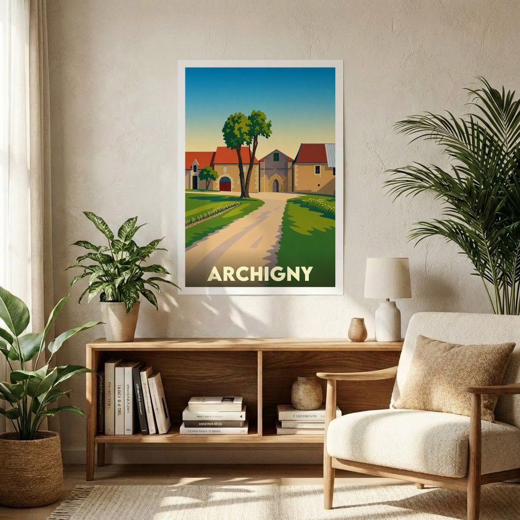 Affiche souvenir de la ville d'Archigny avec une illustration stylisée d'un paysage rural.