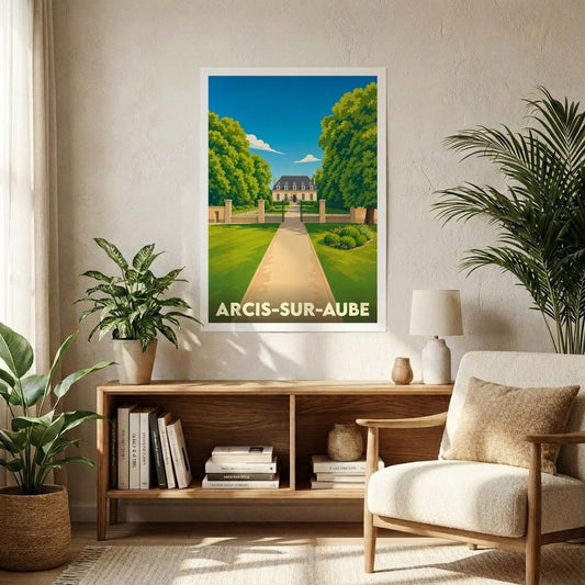 Affiche souvenir de la ville d’Arcis-sur-Aube représentant une illustration stylisée d’une allée menant vers un château entouré de verdure.