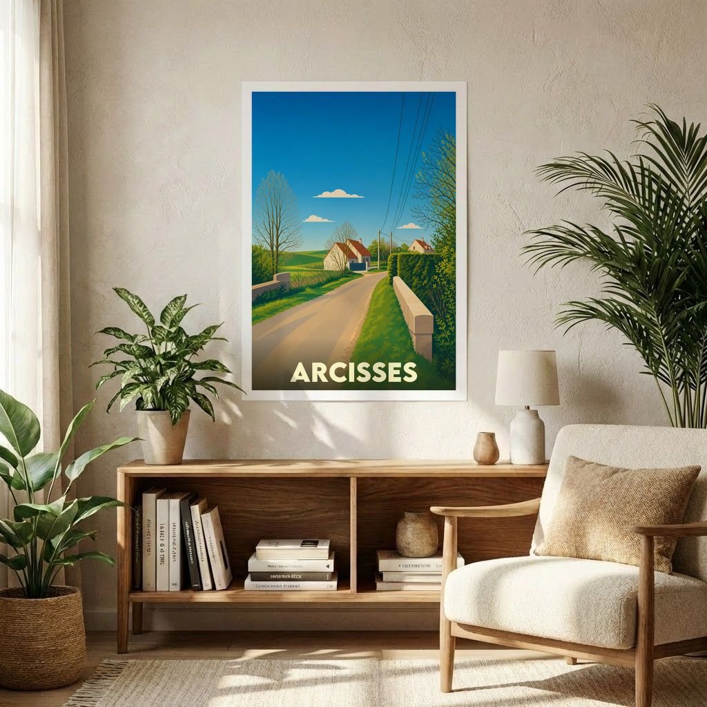 Affiche souvenir de la ville d'Arcisses présentant une illustration stylisée d'un chemin de campagne sous un ciel bleu.